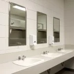 Perspective shot of a countertop with three sinks and mirors in a stark public school bathroom